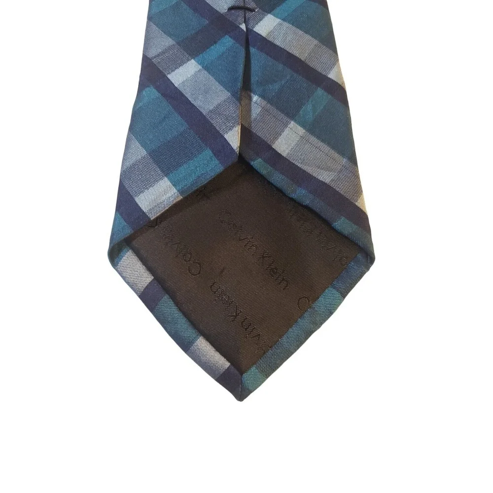 Calvin Klein Men Necktie 3.75 x 59 Silk Navy Tea Plaid Executive Office Work Tie